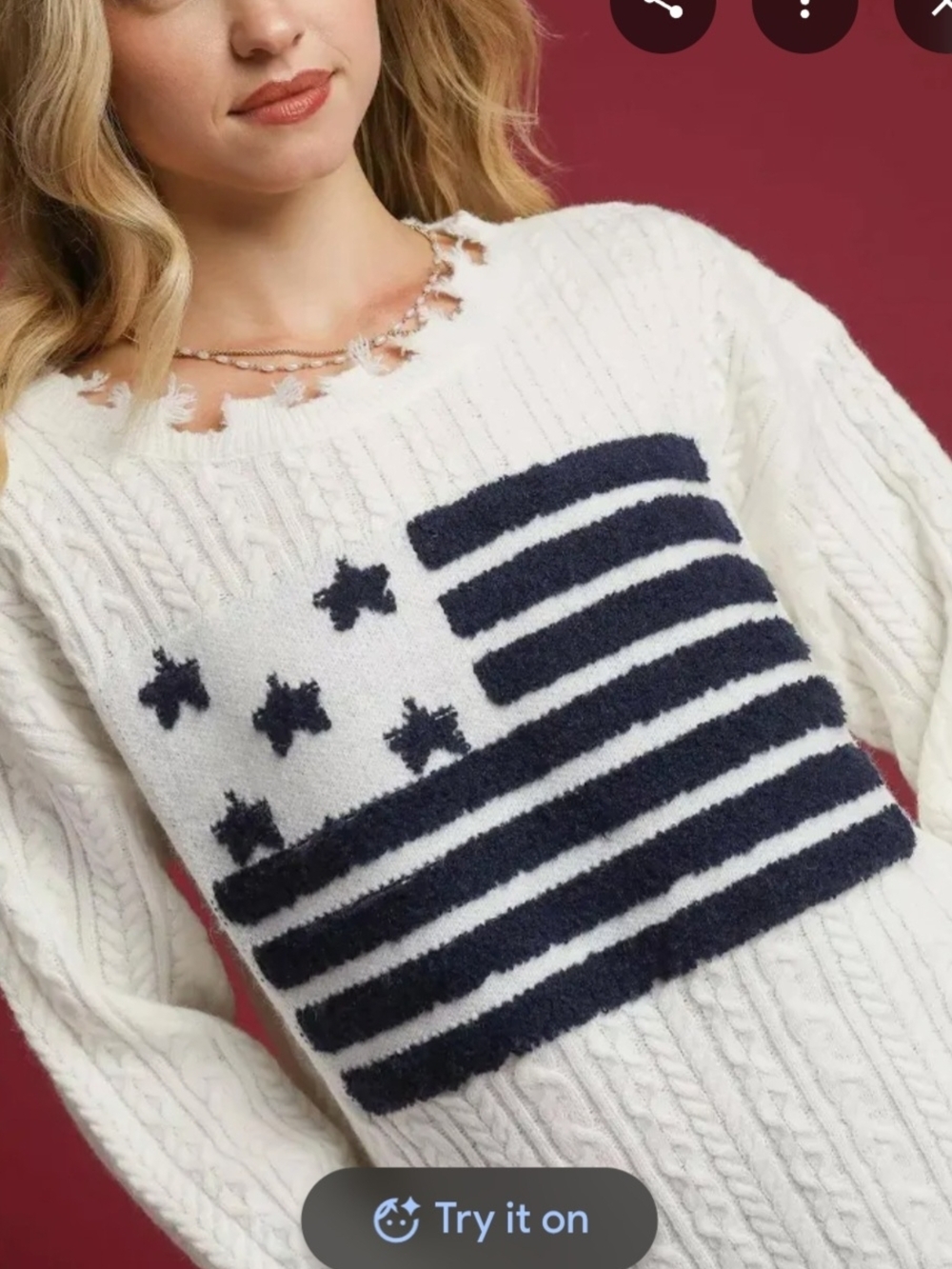 Umgee Distressed White Cable Knit Sweater with American Flag Detail Sz S